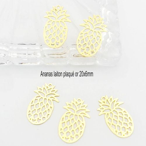 6 breloques laiton  or 24kt ananas 20x6mm