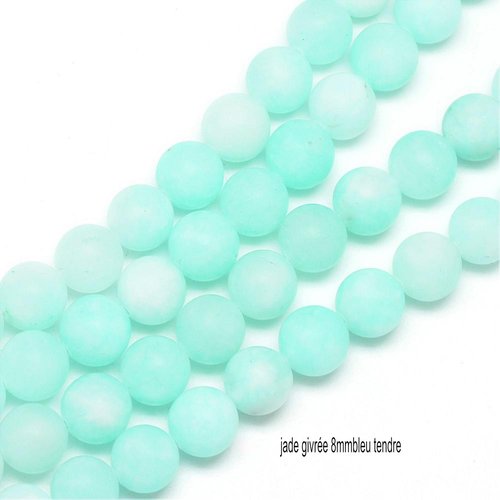 10 perles jade naturelles givrées bleu vert  tendre  8mm