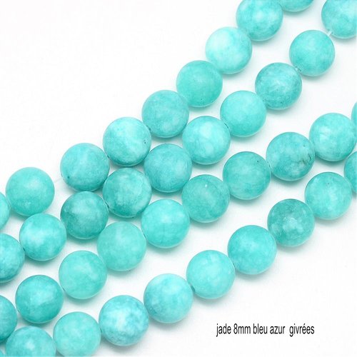 10 perles jade naturelles givrées bleu canard    8mm