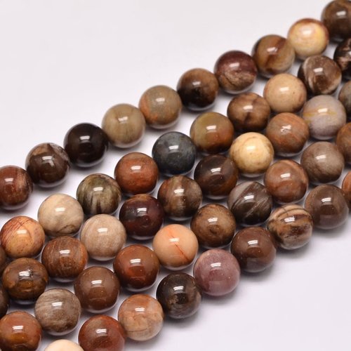 10 perles naturelles bois petrifié brillantes 8mm