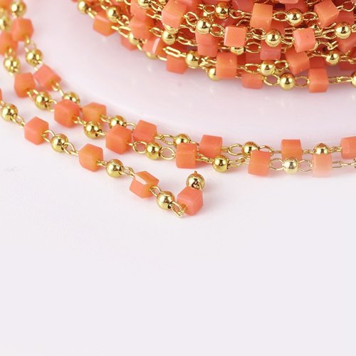 20cm chaine de perles soudée laiton plaqué or cube orange cristal  2.5mm