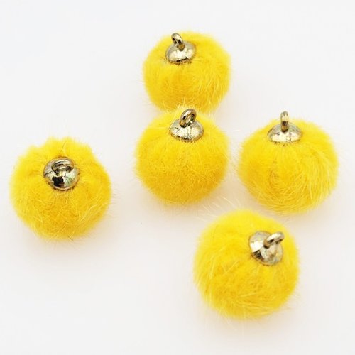 4 breloques pompon fourrure jaune  calotte or 20mm