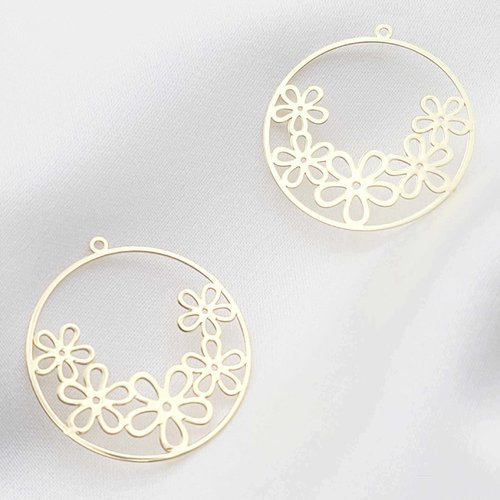 2 estampes fleur 34x32mm laiton or 24kt ronde