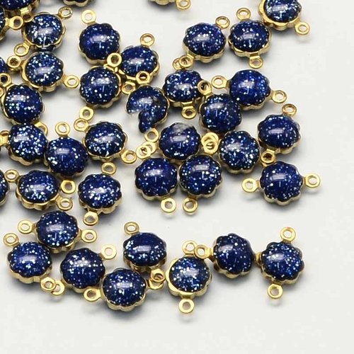 10 connecteurs ronds émail bleu nuit pailleté double face 6x11,5x4mm