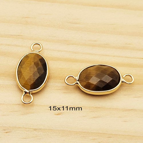 1 connecteur pierre semi précieuse oeil de  tigre laiton or 24kt 15x11mm