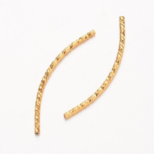 10 perles tubes laiton or 24kt courbées striés 34mm