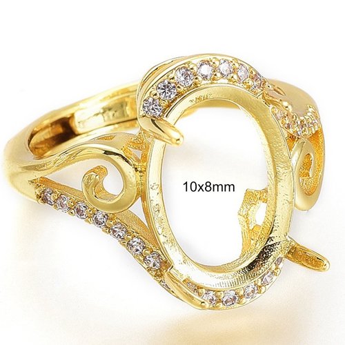 1 bague ajustable laiton plaqué or  ovale 24kt 10x8mm