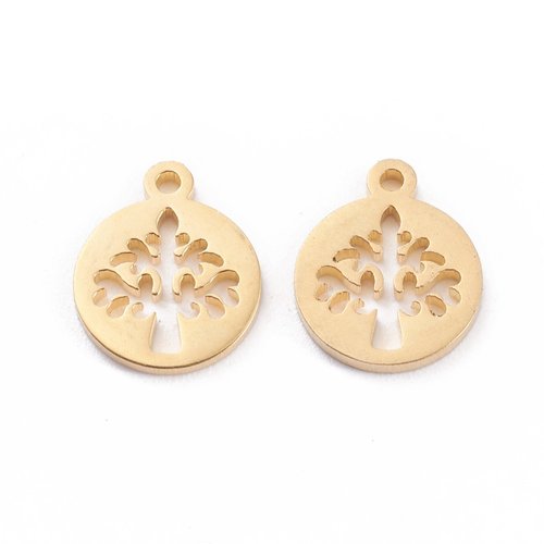 2 breloques acier arbre de vie or 24kt 12x10mm