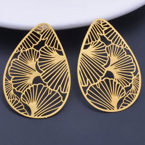 2 estampes 40x28mm  goutte feuille gingko  laiton or 24kt