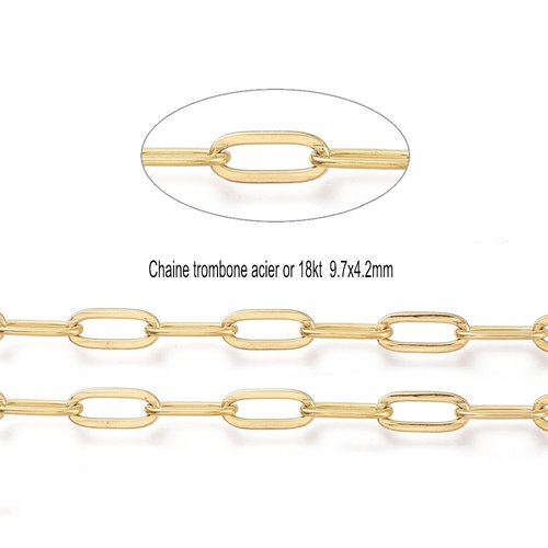 20cm chm002 chaine acier or 18kt  maillon trombone 9.7x4.2mm
