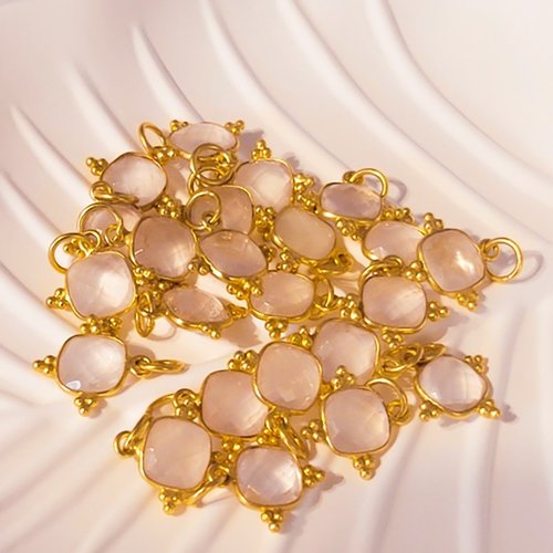 1 pendentif  quartz rose  carre facette  serti argent 925 doreé or 24kt