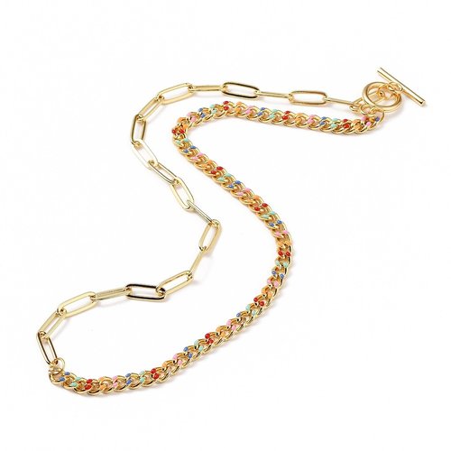 Collier chaîne gourmette  en laiton émaillé et chaînes trombones or 24kt