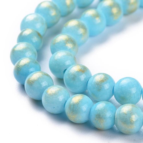 10 perles jade ronde turquoise paillettés or 8mm
