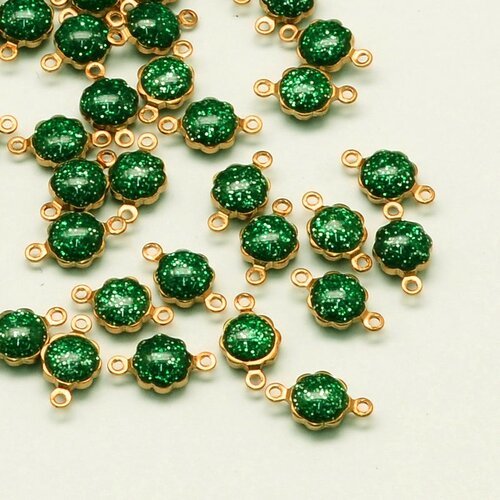10 connecteurs fleur laiton emaille vert paillette or 7mm