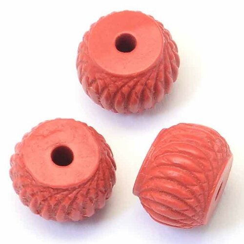 10 perles tambour cinabre rouge sculptees 10x7mm