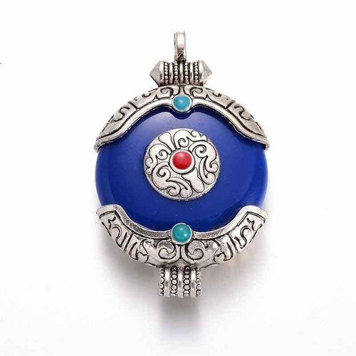 1 pendentif tibetain ethnique metal argente rond donut bleu 55x34mm