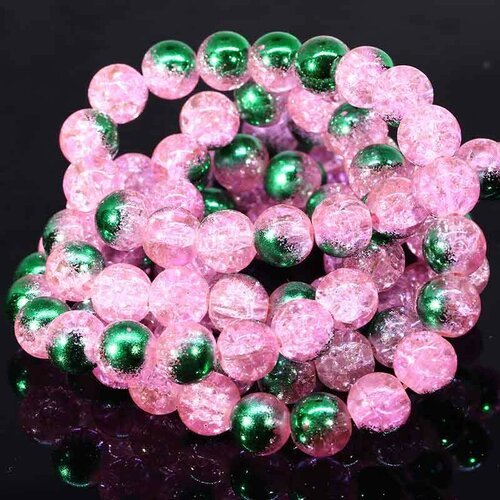 50 perles de verre craquelées 8mm vert mercure /rose