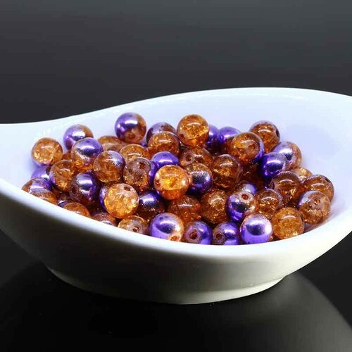 30 perles de verre craquelées 6mm mercure violet /orange