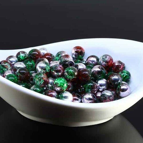 30 perles de verre craquelées 6mm vert mercure rouge  rondes
