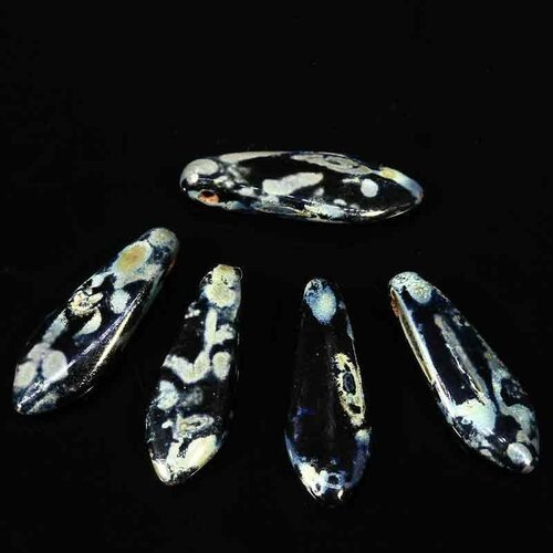 4 perles de verre tchèque dague 16x5mm gris noir