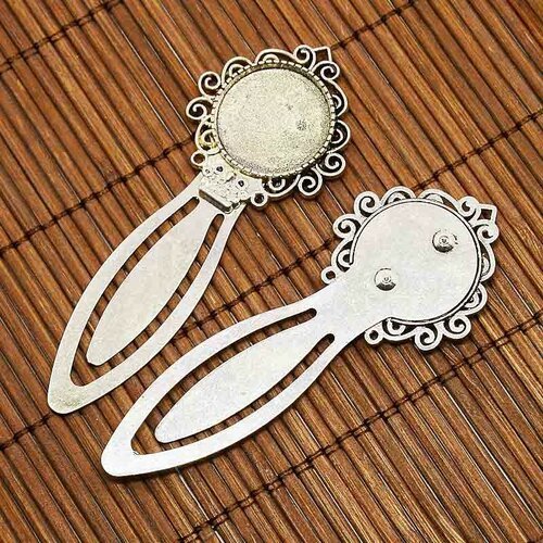 2 supports cabochon marque page rond arabesque argente +verre 20mm