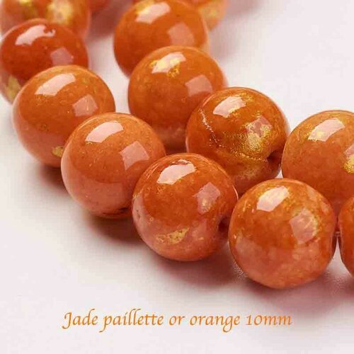 9 perles jade mashan 10mm orange paillette or 10mm