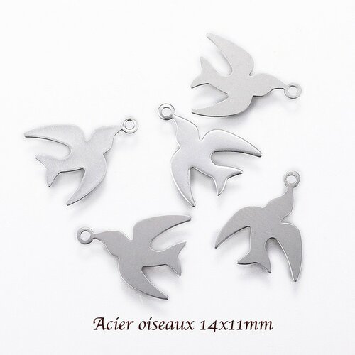 6 breloques acier oiseaux lisse plat argent mat 14x11mm