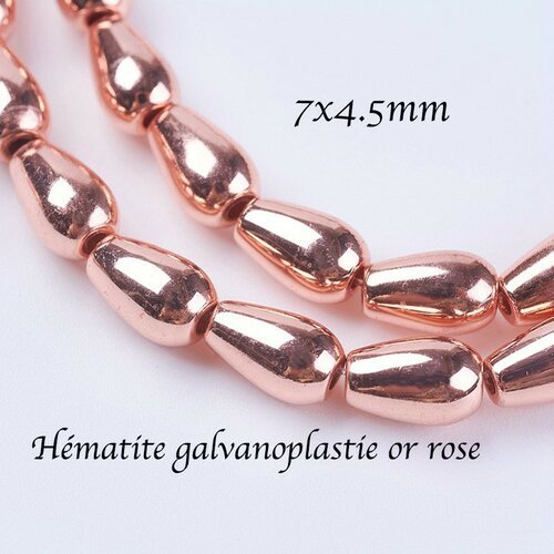 10 perles goutte hématite non magnetique galvanoplastie plaque or rose7x4mm