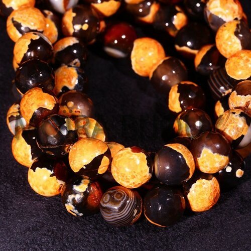 6 perles agate facettée orange marbre noire 10mm