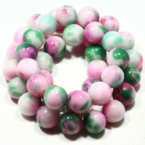10mm : x10 perles  jade ronde blanc teinté vert/rose/blanc