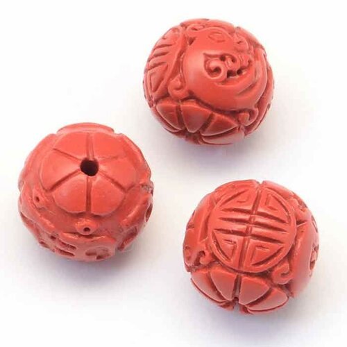 10 perles  sculptée cinabre rouge  rond 8x7mm