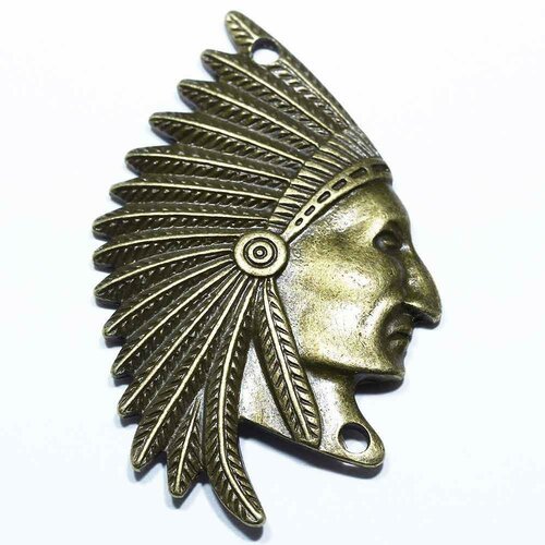 2 grands pendentif  connecteur chef indien et sa coiffe bronze 50x31mm