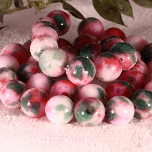 10mm : x10 perles  jade ronde blanc teinté vert/rouge cerise