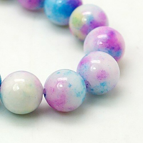 10mm : 8 perles  jade ronde blanc teinté bleu/rose/jaune