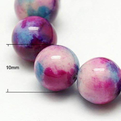 10mm : x10 perles  jade ronde blanc teinté violet/ bleu