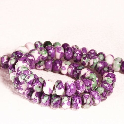 10 perles de jade  boulier violet marbré vert 6x4mm