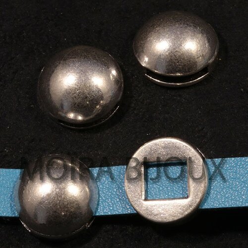 Perles passante coulissante ronde argenté lisse demi-dome  x2 pour cuir ou suedine 12x2mm