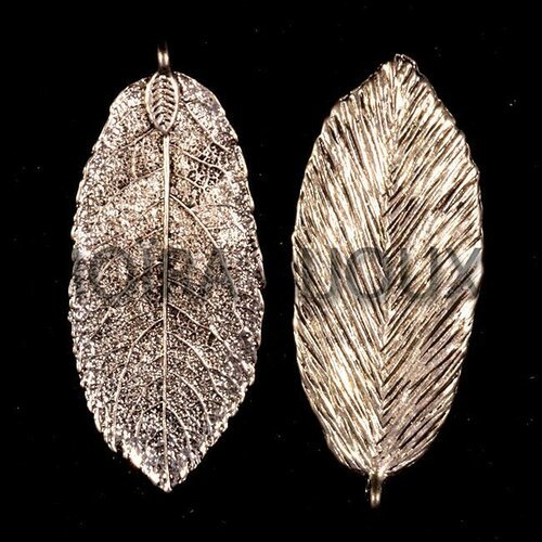 4 breloques feuilles métal argenté lisse ovales 48x24mm