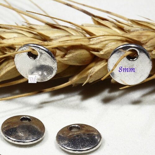 20 breloques sequin  rond  métal argente   plat lisse   8 x1,5mm