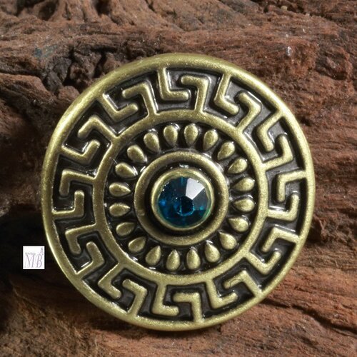 Support bouton pression rond bronze  aztèque et strass bleu  20mm