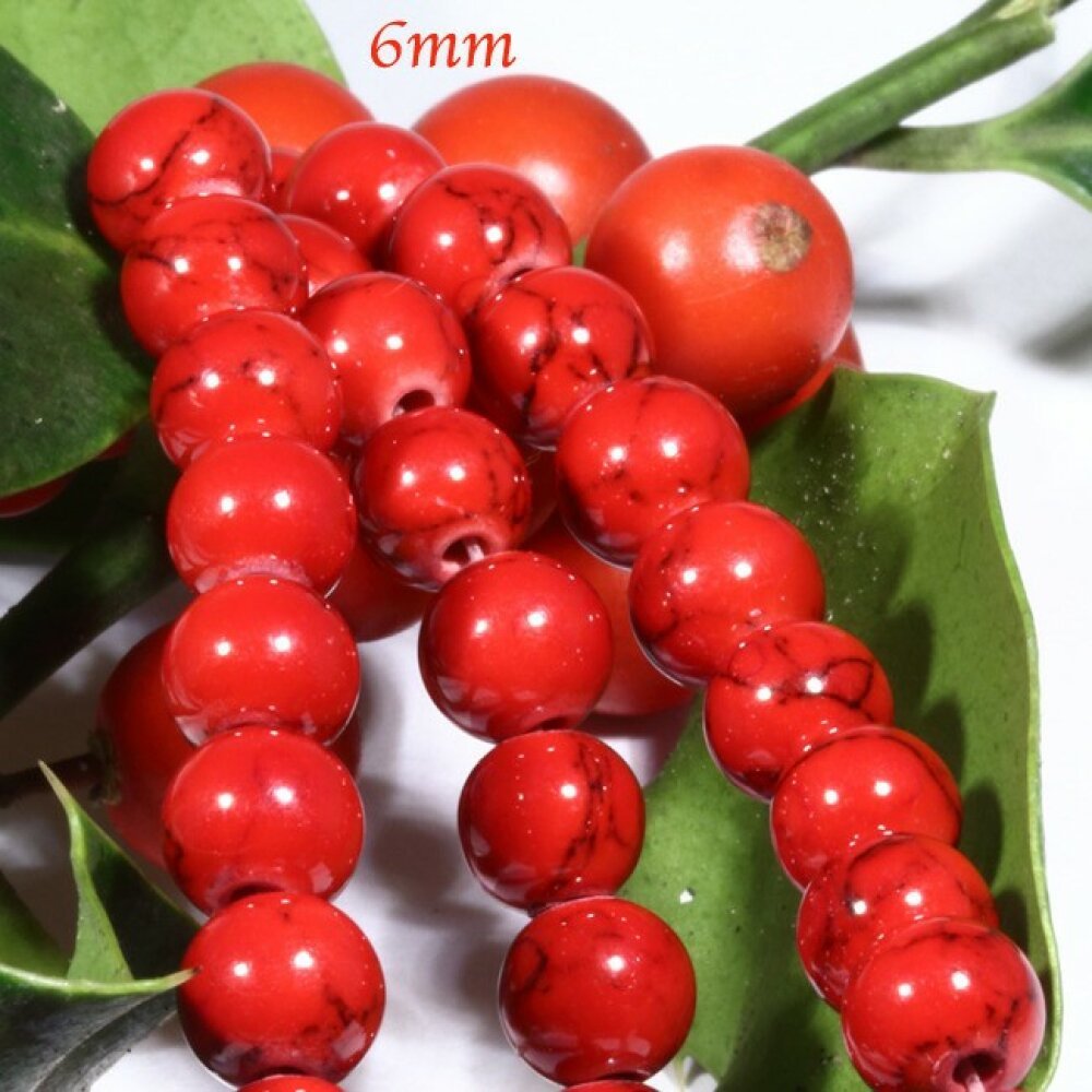 Blanc/Marbre rouge perles à facettes rondes 6 mm brin de 60+ 