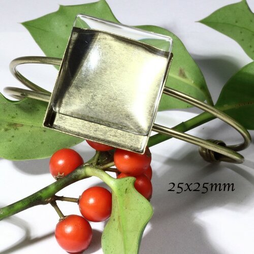 1 support bracelet cabochon carré bronze  +cabochon verre 25mm
