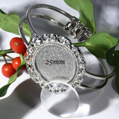1 support bracelet manchette rigide métal  argenté dentelles  25mm