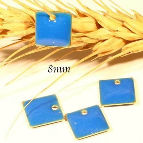 5 sequins carré émaillé  bleu laiton 8mm
