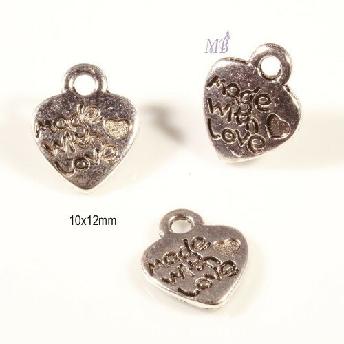 10 breloques pampille "made with love "coeur argenté  15x12mm