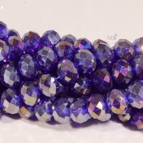 Lot de 50 perles boulier en verre facetté bleu /violet/doré 8x5mm