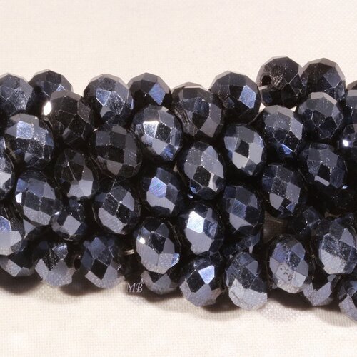 50 perles boulier en verre facettée noir de geai/bleuté à prisme 6x4mm