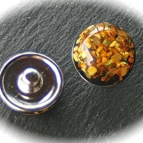 1 bouton chunk a pression métal argenté dessin géométrique  nacré miel doré  18mm