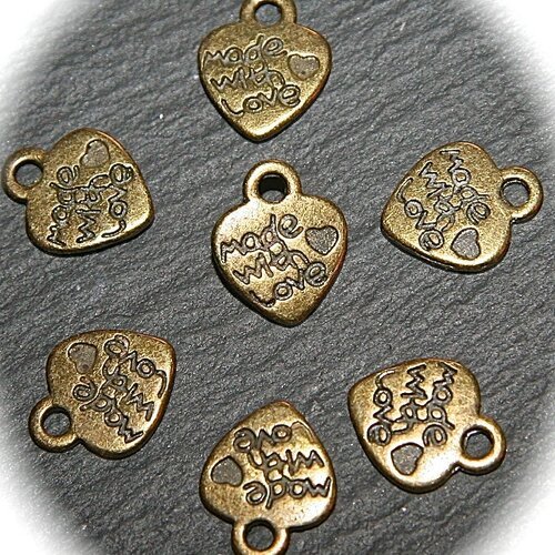 X20 breloques coeur laiton "made with love " 10x12,2mm