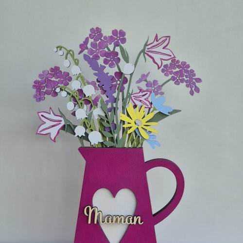 Bouquet de fleurs en bois personnalisé – cadeau fête des mères – décoration “maman” fait main